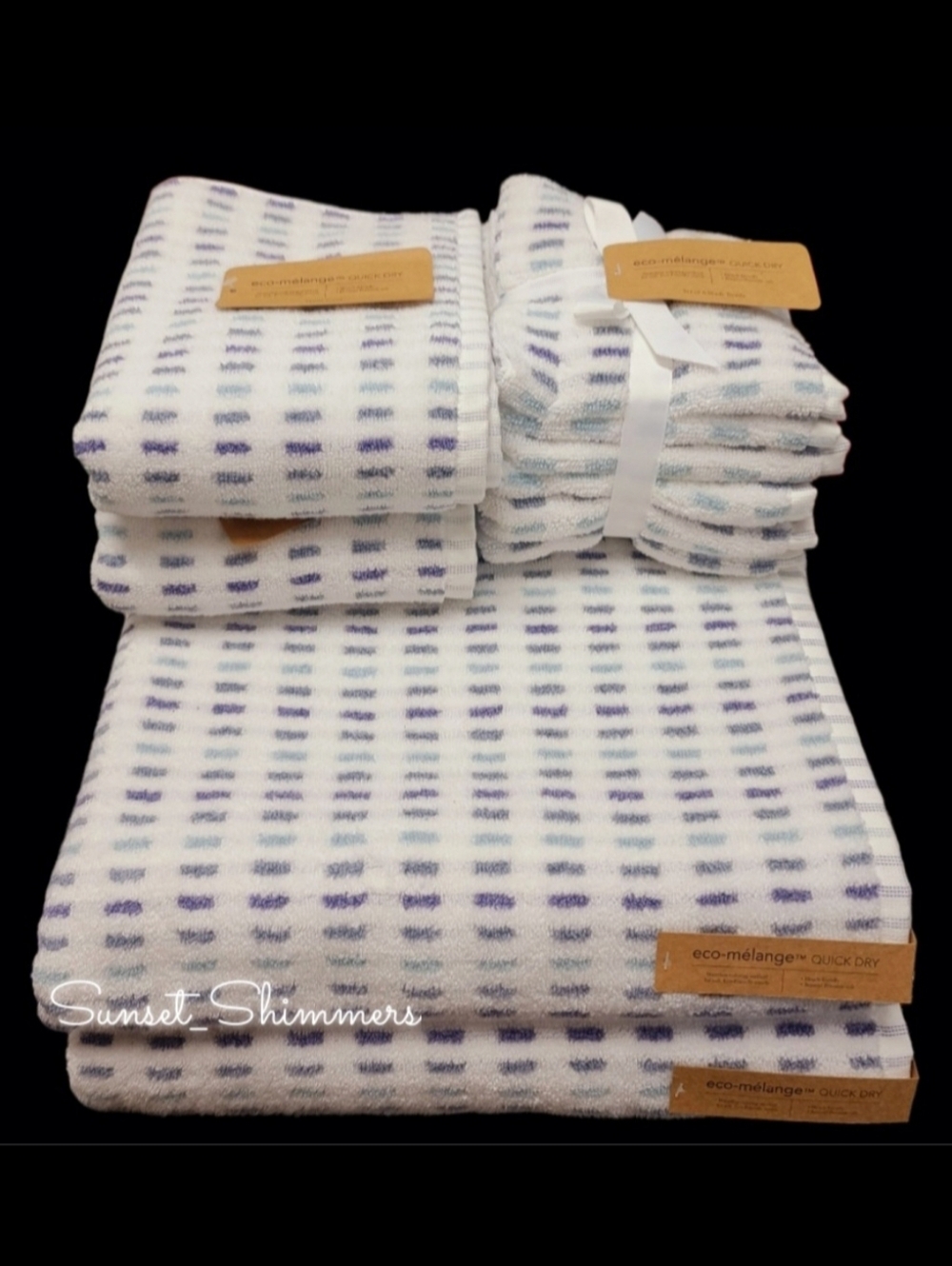 10pc ECO Melange 2 Bath 2 Hand 6 Washcloth Towel Set Purple Blue Ombre Check NEW
